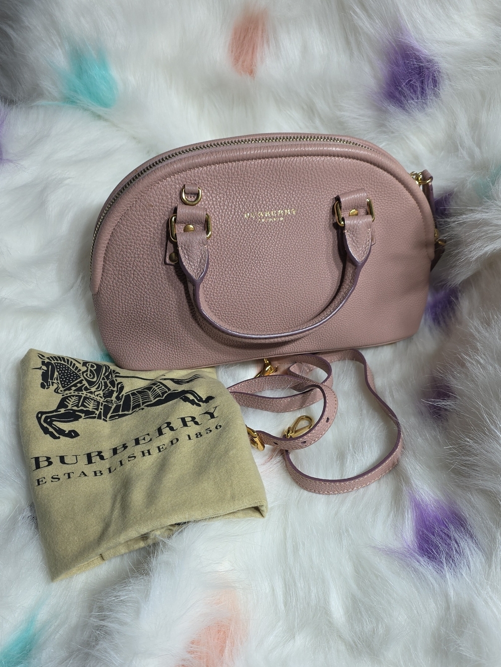 Authentic Burberry Blush Pink Pebbled Leather Satchel with Gold Hardware